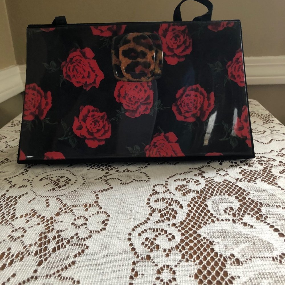 Angela Frascone Black Patent Bag with Red Roses and Leopard Clasp